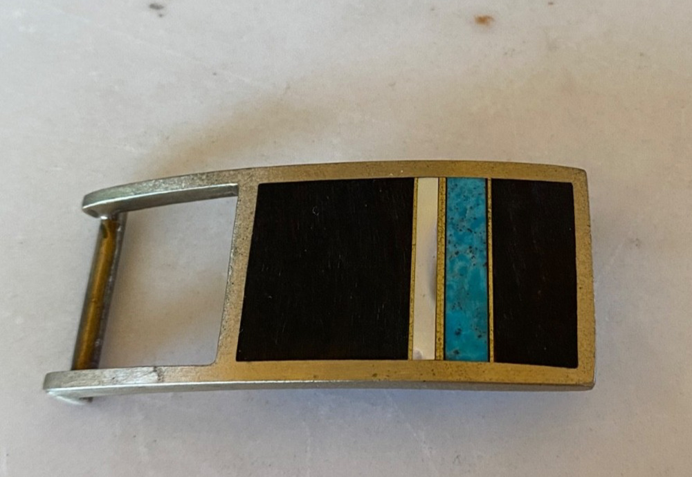 MIKE ROGERS Artist Custom Belt Buckle Albuquerque, NM, Vintage Brass Turquoise
